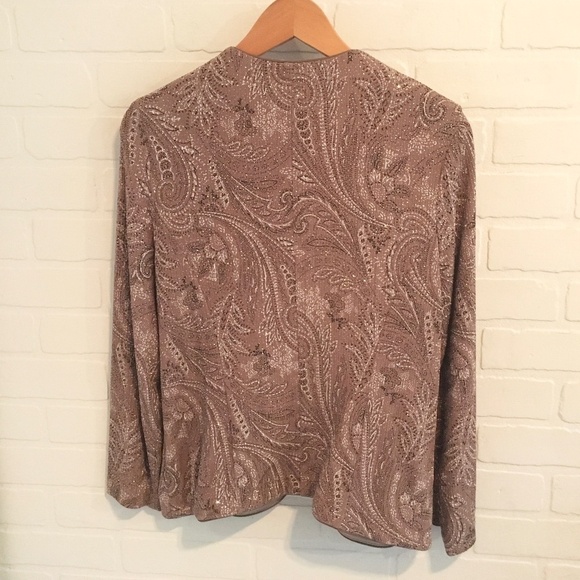 Vintage Formal Cardigan Fairy Bolero Slinky knit Sequin Paisley Taupe Silver L - Picture 7 of 10
